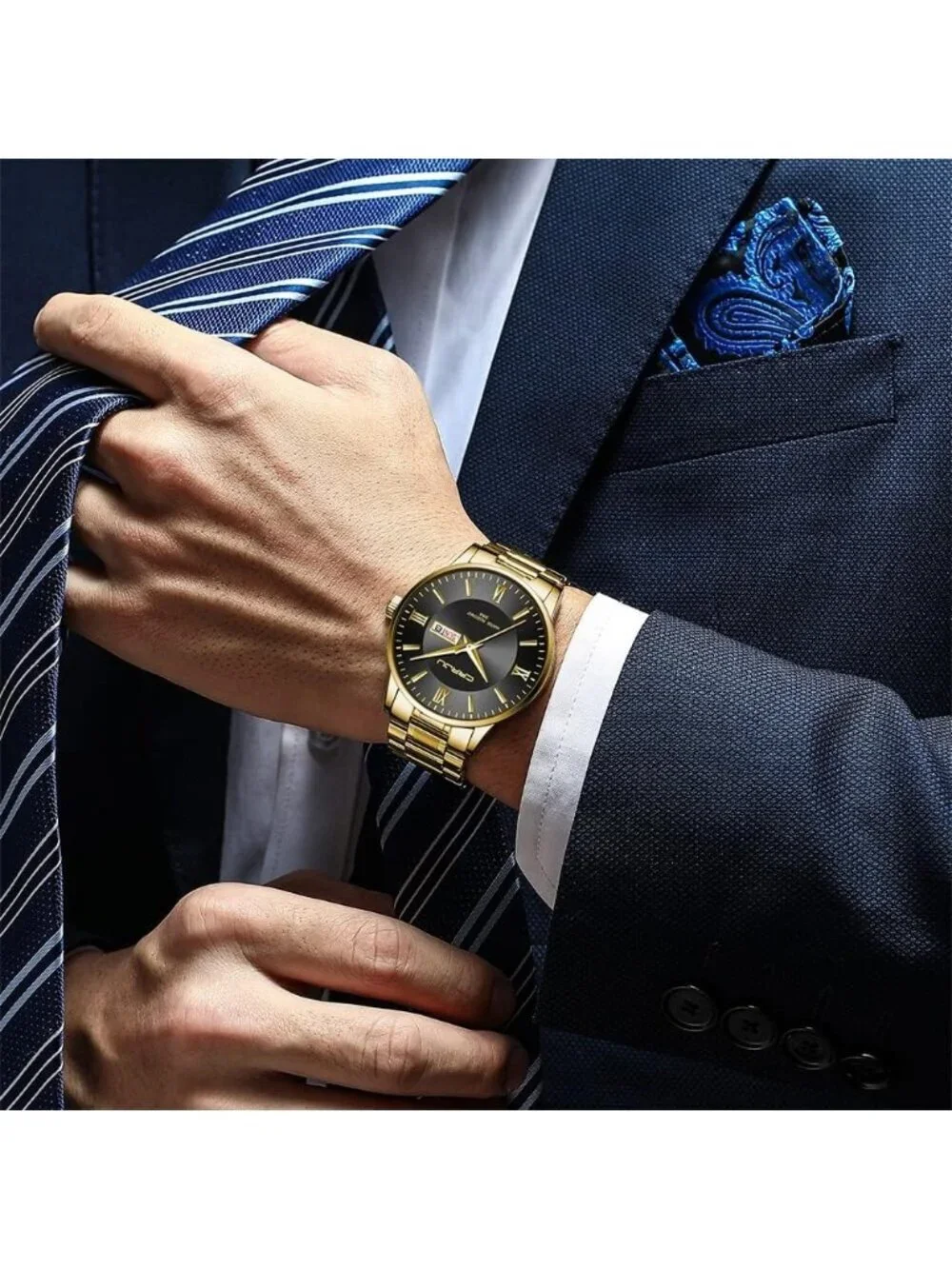 Men's Gold Black Luxury Stainless Steel Chronograph Analog Quartz Round Watch